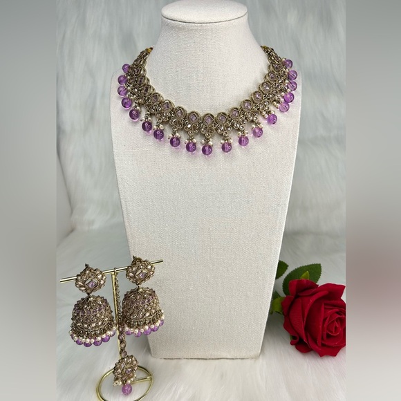 unbranded Jewelry - Beautiful Lavender Gold Polki Necklace With Jhumka & Tikka Set